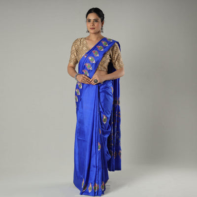 Blue - Bengal Kantha Embroidery Banarasi Silk Handloom Saree