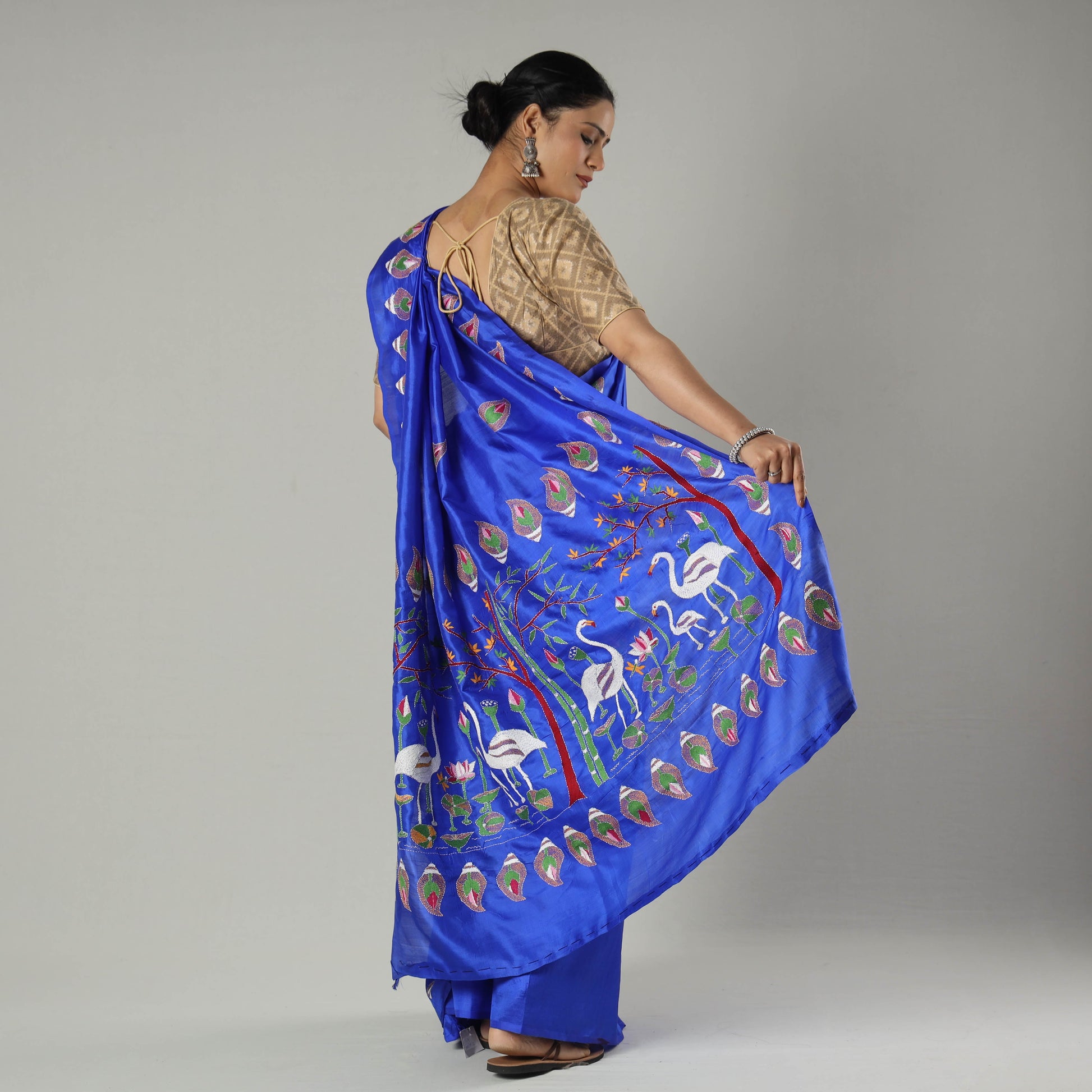 Blue - Bengal Kantha Embroidery Banarasi Silk Handloom Saree