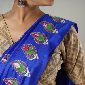Blue - Bengal Kantha Embroidery Banarasi Silk Handloom Saree