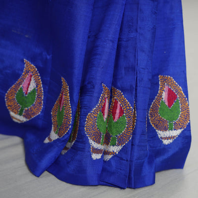 Blue - Bengal Kantha Embroidery Banarasi Silk Handloom Saree