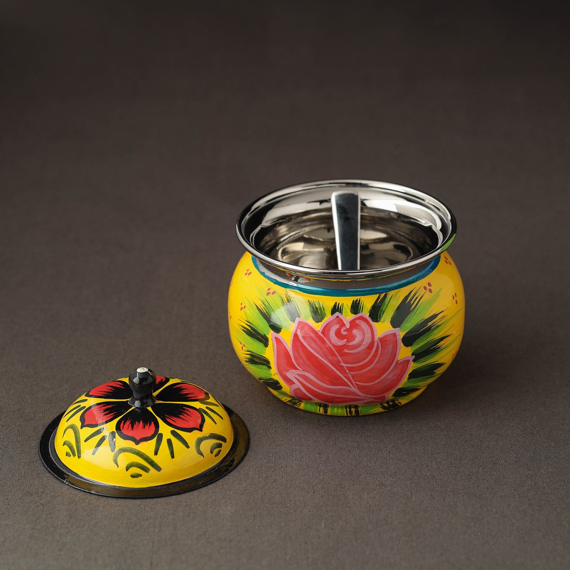 Banaras Handpainted Stainless Steel Small Ghee Pot with Spoon (250ml)