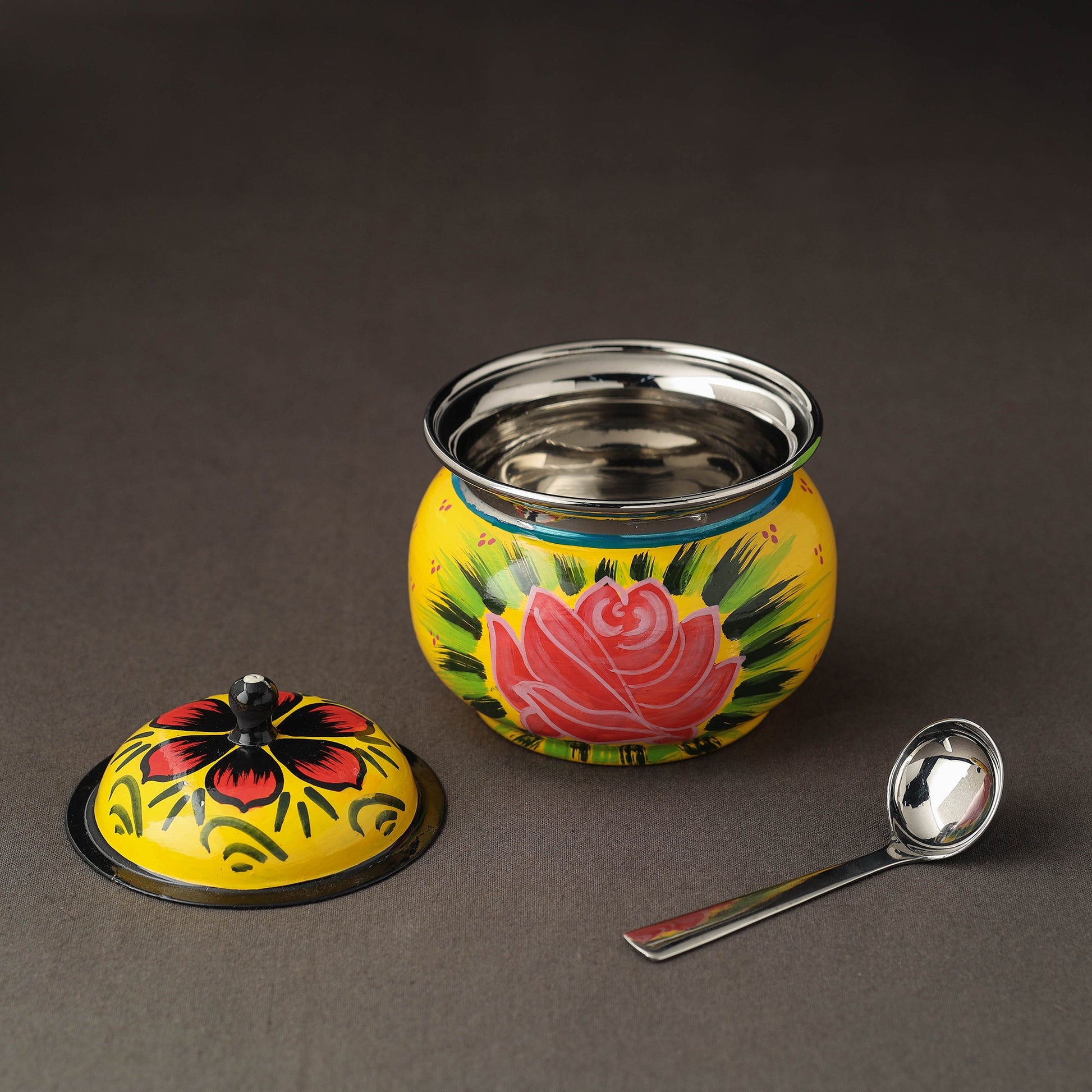 Banaras Handpainted Stainless Steel Small Ghee Pot with Spoon (250ml)