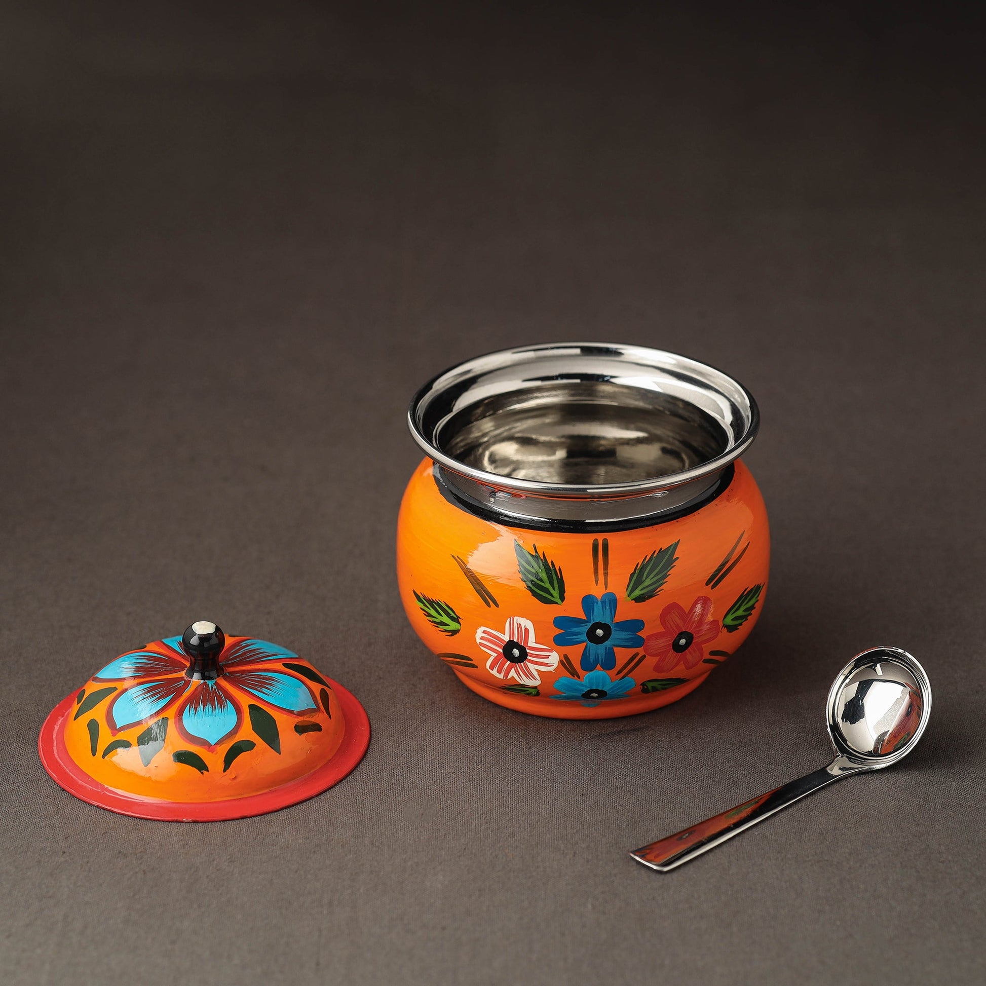 Banaras Handpainted Stainless Steel Small Ghee Pot with Spoon (250ml)