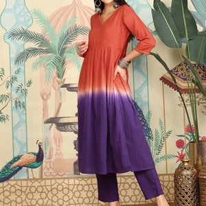 Rust Ombre Dyed V-Neck Pure Cotton Anarkali Kurta With Trousers