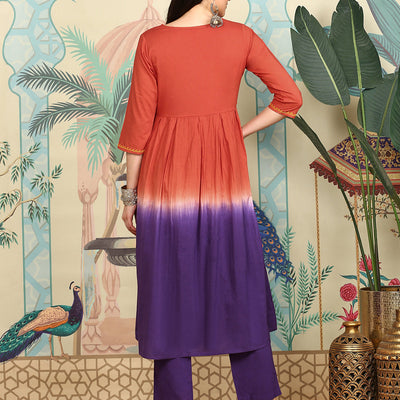 Rust Ombre Dyed V-Neck Pure Cotton Anarkali Kurta With Trousers