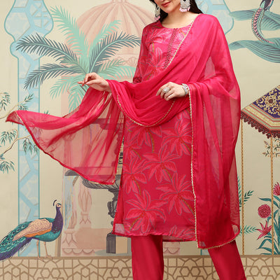 Floral Printed Round Neck Mirror Work Straight Kurta with Trousers & Dupatta