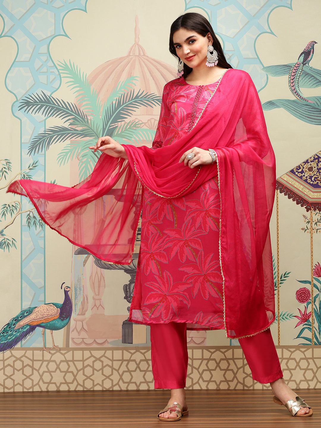 Floral Printed Round Neck Mirror Work Straight Kurta with Trousers & Dupatta