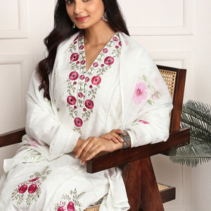 Floral Threadwork Embellished Cotton Kurta with Pants and Dupatta