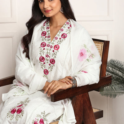 Floral Threadwork Embellished Cotton Kurta with Pants and Dupatta