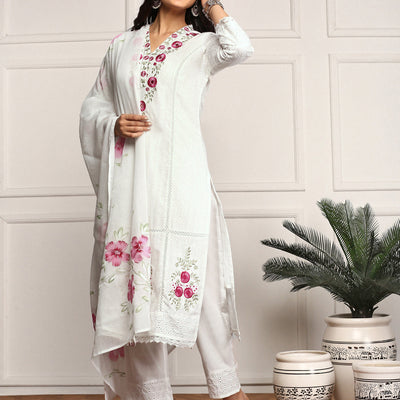 Floral Threadwork Embellished Cotton Kurta with Pants and Dupatta