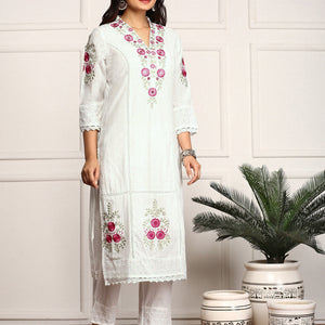 Floral Threadwork Embellished Cotton Kurta with Pants and Dupatta