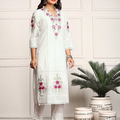 Floral Threadwork Embellished Cotton Kurta with Pants and Dupatta