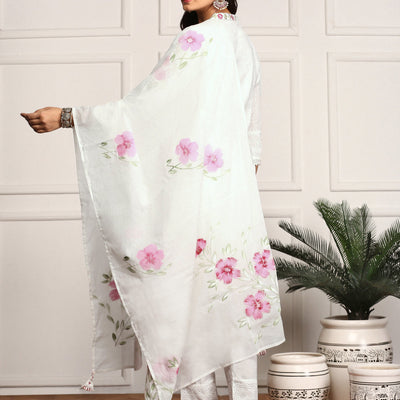 Floral Threadwork Embellished Cotton Kurta with Pants and Dupatta