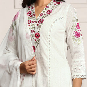Floral Threadwork Embellished Cotton Kurta with Pants and Dupatta