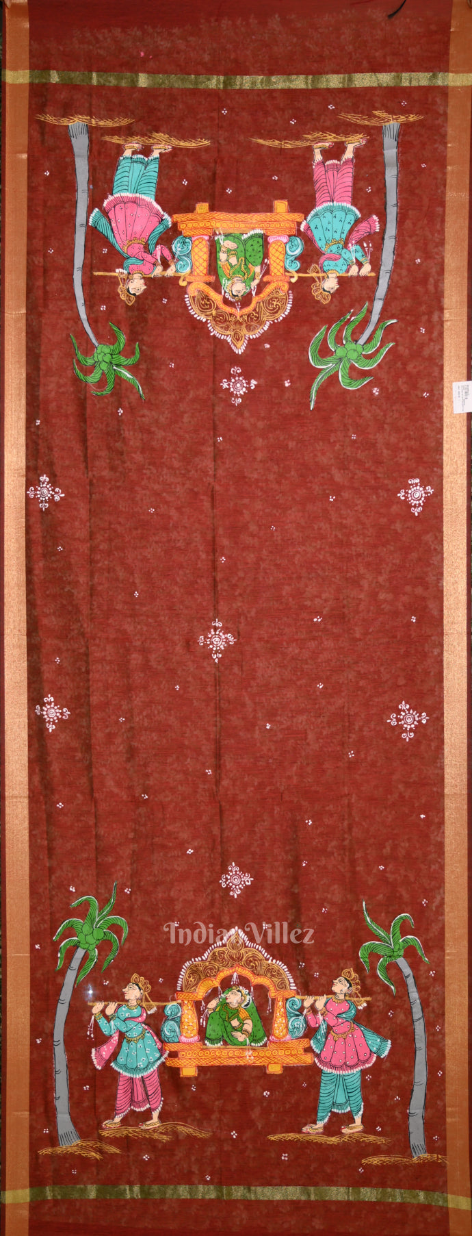 Maroon Doli Barat Hand-Painted Pattachitra  Chanderi Dupatta