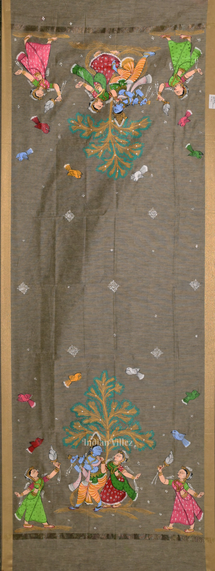 Gray Radha Krishna & Gopis Raslila Hand-Painted Patachitra Chanderi Dupatta
