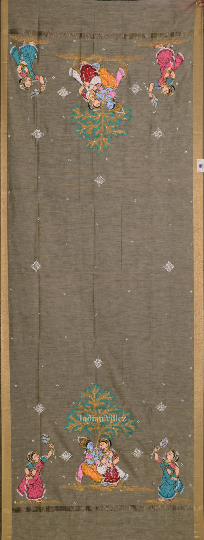 Gray Radha Krishna Raslila Hand-Painted Patachitra Chanderi Dupatta