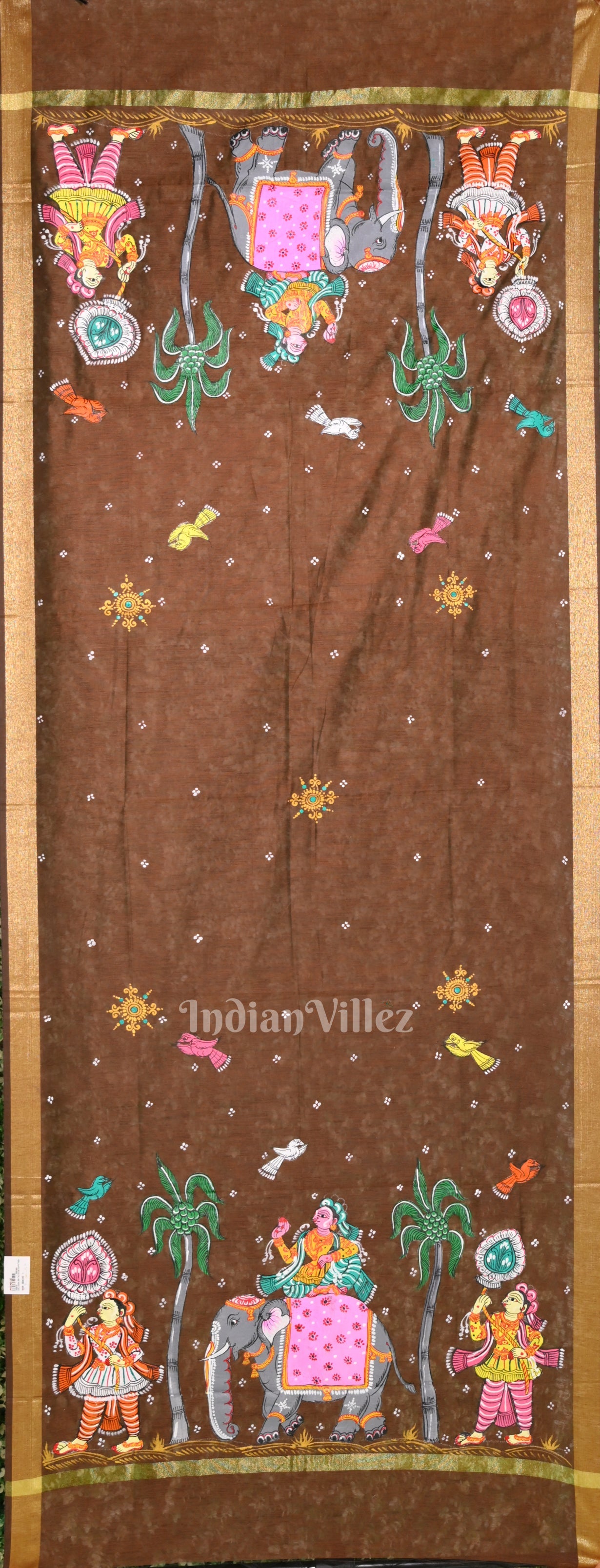 Coffee Brown Kandarpa Hati (Elephant) Pattachitra Chanderi Dupatta