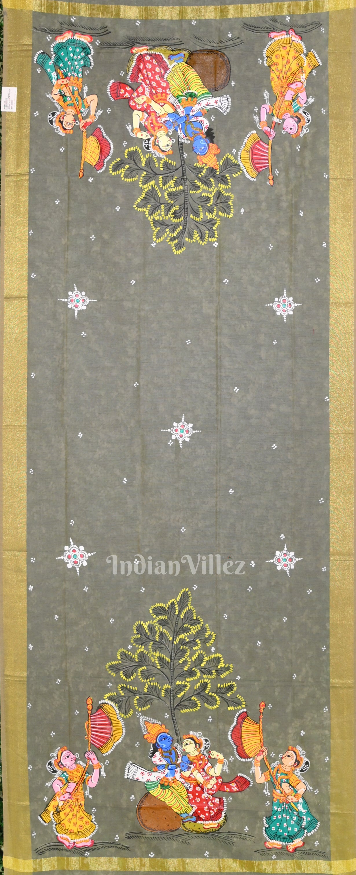 Cream Gray Radha Krishna Raas Leela  Hand-Painted Pattachitra Chanderi Dupatta