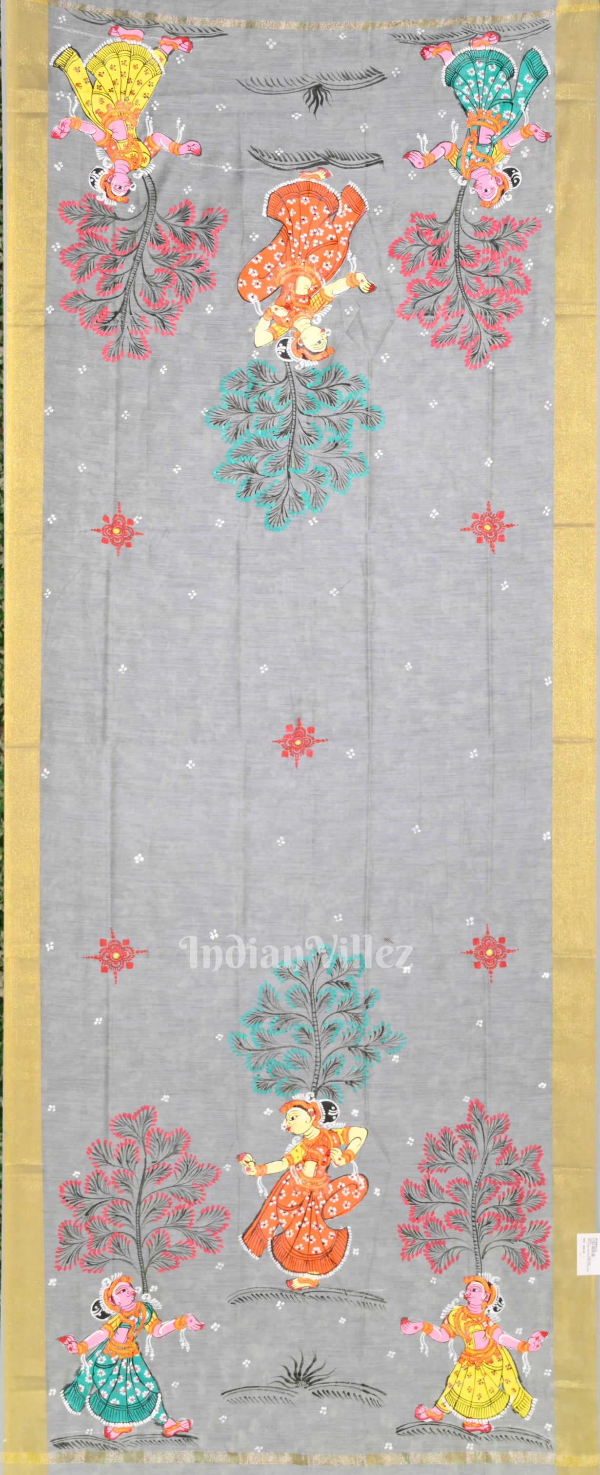 Cement  Gray Nartaki Hand-Painted Pattachitra Chanderi Dupatta