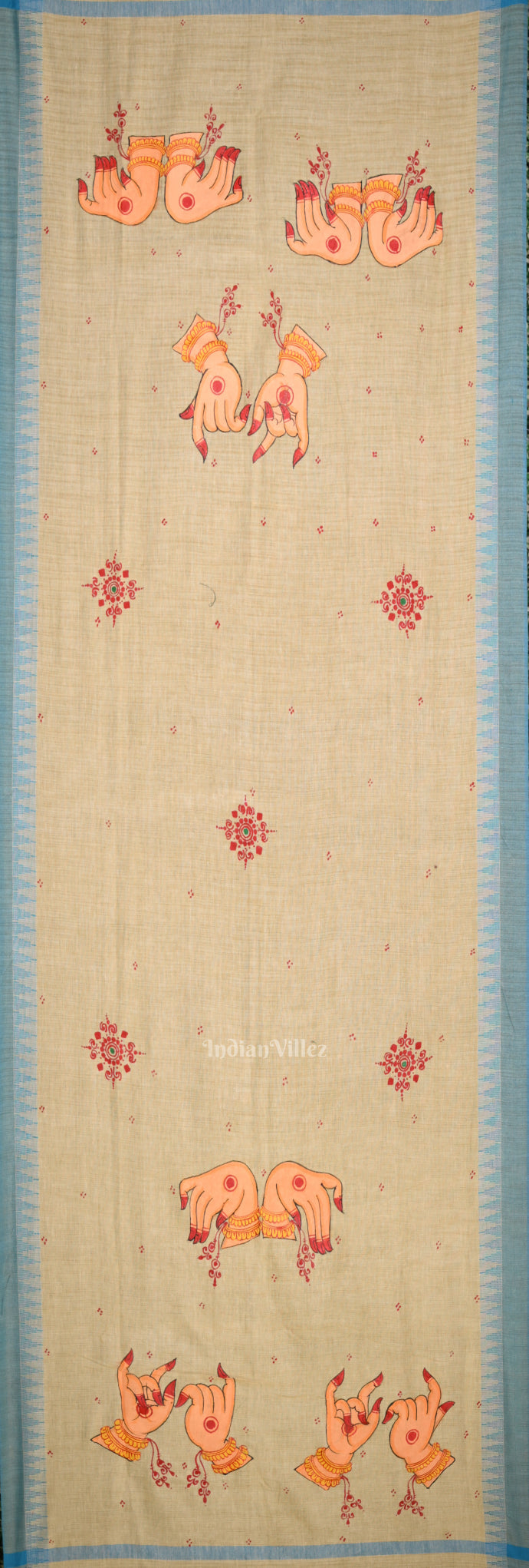 Cream Blue Mudra Theme Hand-Painted Tussar Pattachitra Dupatta