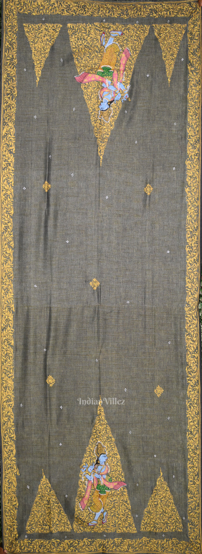 Blue Dual Tone Krishna Tussar Pattachitra Dupatta
