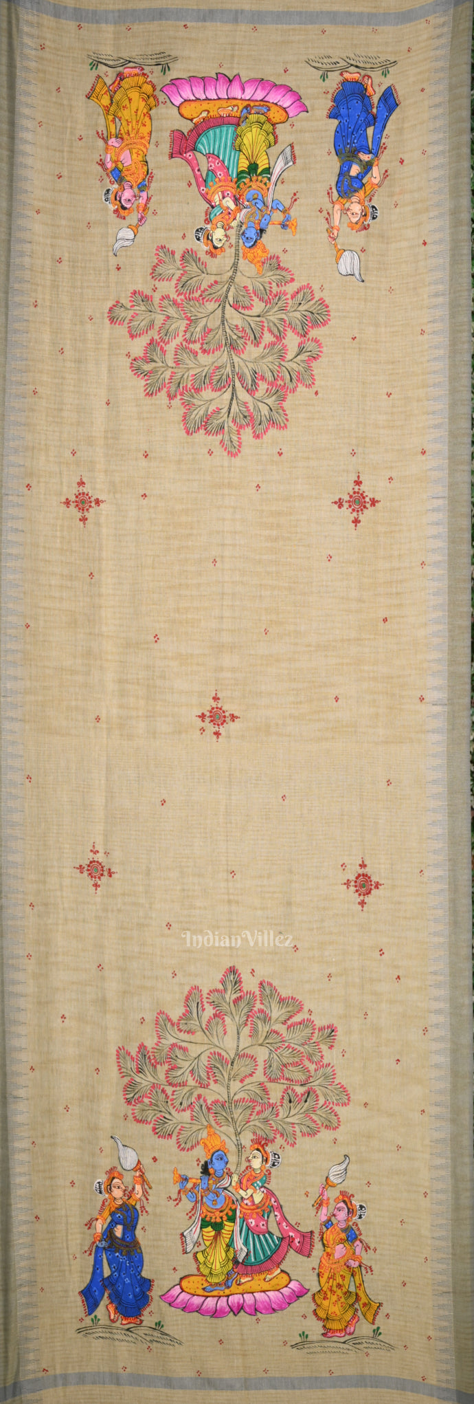 Cream Light Blue Radha Krishna Hand-Painted Tussar Pattachitra Dupatta