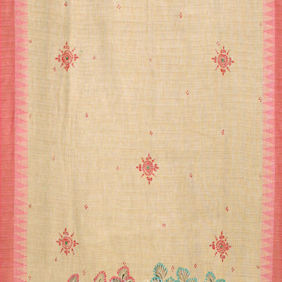 Cream Pink dancing Sakhi Hand-Painted Tussar Pattachitra Dupatta