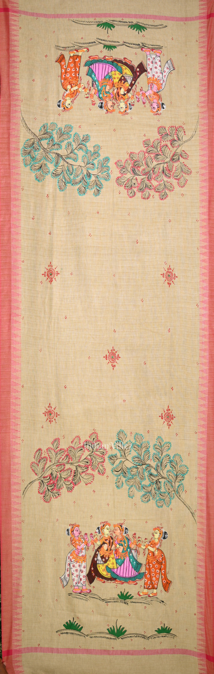 Cream Pink dancing Sakhi Hand-Painted Tussar Pattachitra Dupatta