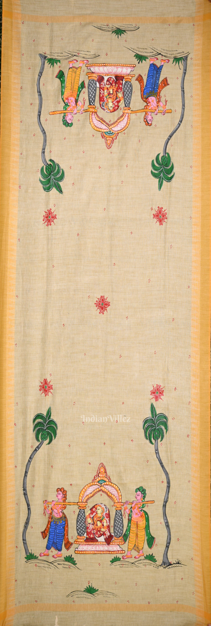 Cream Yellow Doli Barat Hand-Painted Tussar Pattachitra Dupatta