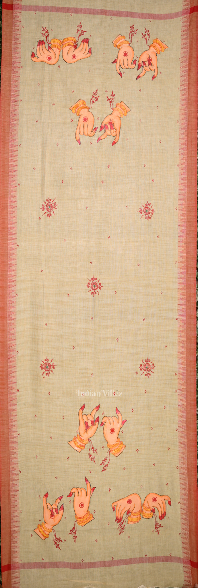 Cream Red Mudra Theme Hand-Painted Tussar Pattachitra Dupatta