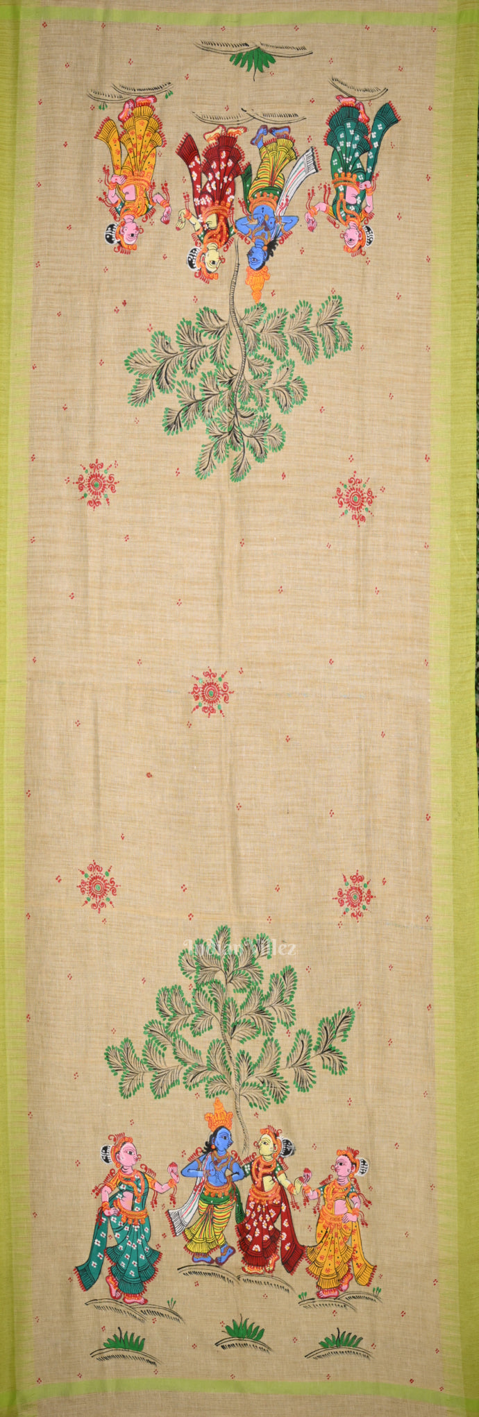 Cream Parrot Green Radha Krishna  Hand-Painted Tussar Pattachitra Dupatta