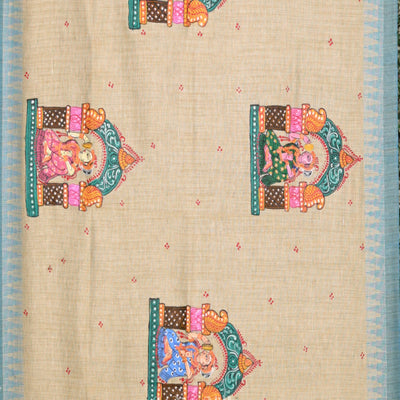 Cream Beige Dulhan Theme Hand-Painted Tussar Pattachitra Dupatta