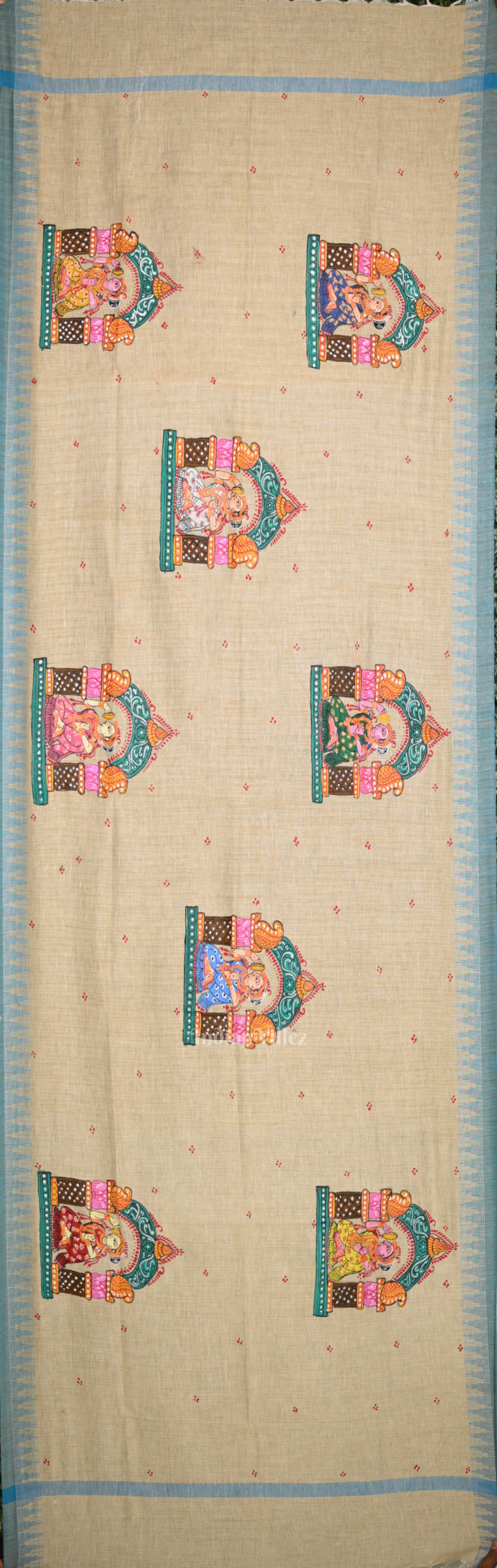 Cream Beige Dulhan Theme Hand-Painted Tussar Pattachitra Dupatta