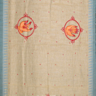 Cream Beige Mudra Theme Hand-Painted Tussar Pattachitra Dupatta