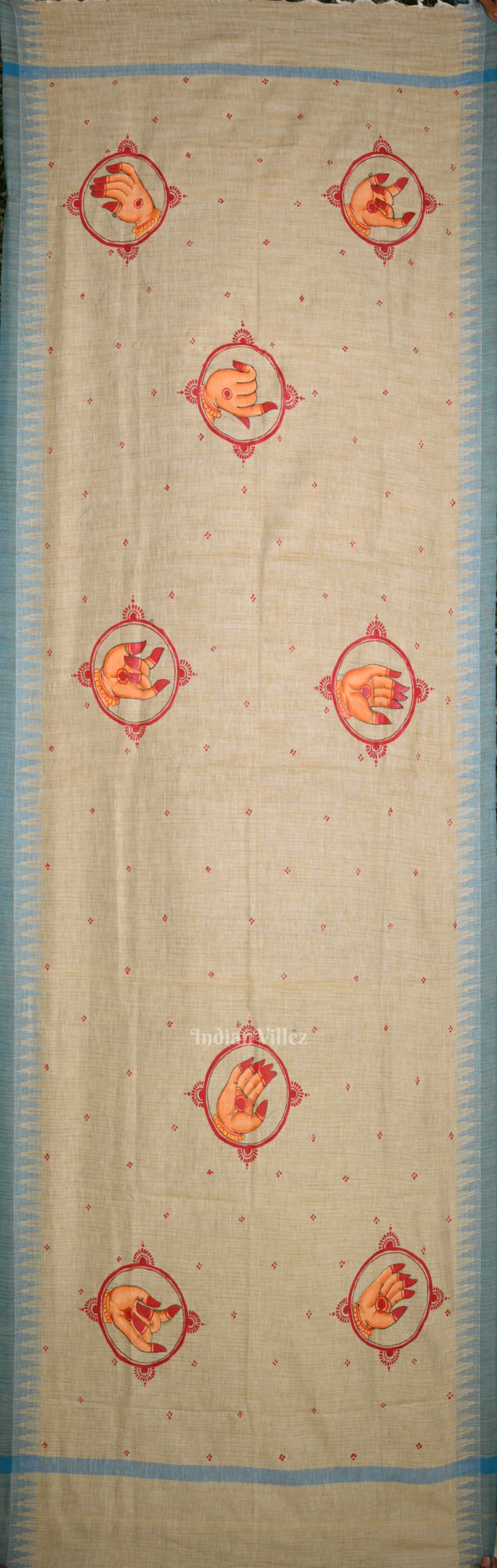 Cream Beige Mudra Theme Hand-Painted Tussar Pattachitra Dupatta