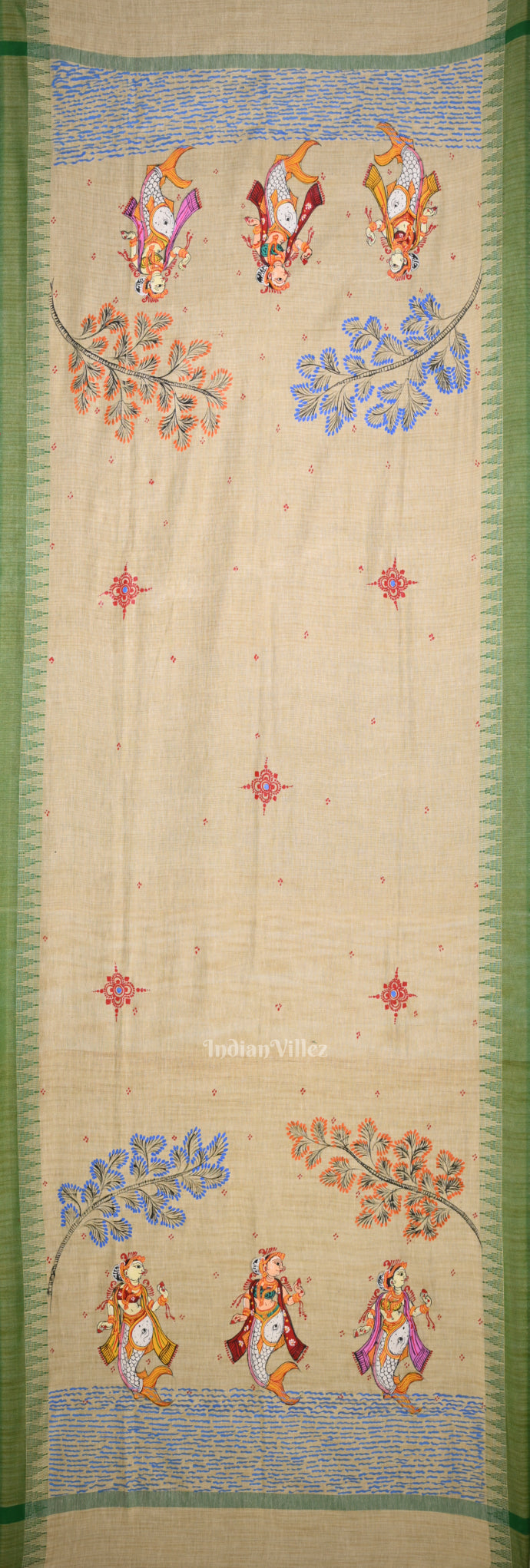 Cream Green Mastya Kanya Hand-Painted Tussar Pattachitra Dupatta