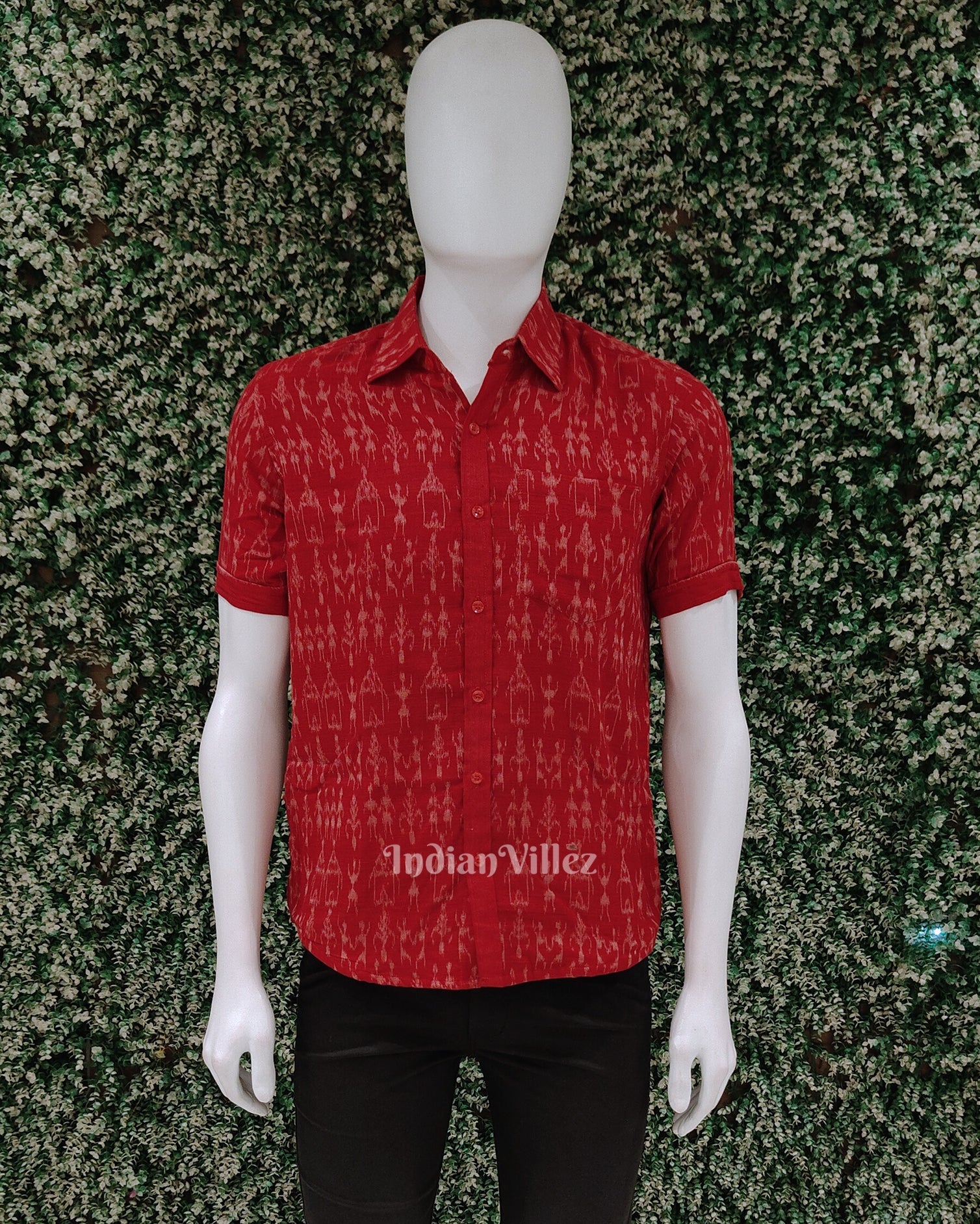 Red Tribal Odisha Ikat Cotton Half Sleeve Shirt for Men