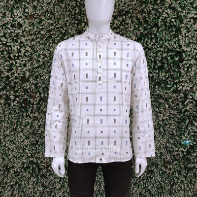 White Fish Motif Odisha Ikat Cotton Kurta for Men