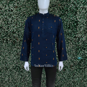 Blue Fish Motif Odisha Ikat Cotton Kurta for Men