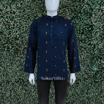 Blue Fish Motif Odisha Ikat Cotton Kurta for Men
