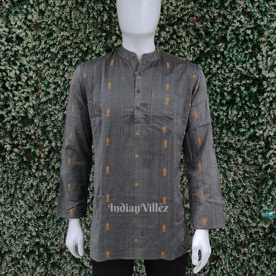 Grey Fish Motif Odisha Ikat Cotton Kurta for Men