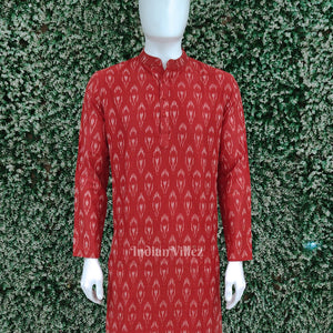 Red Pochampally Ikat Cotton Kurta for Men