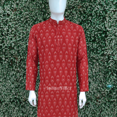 Red Pochampally Ikat Cotton Kurta for Men