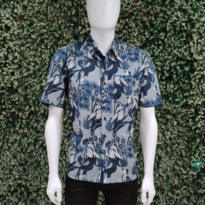 Sky Blue Bird Design Block Printed Half Sleeve Shirt for Men