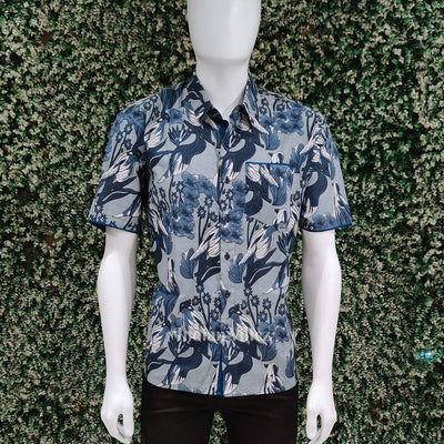 Sky Blue Bird Design Block Printed Half Sleeve Shirt for Men