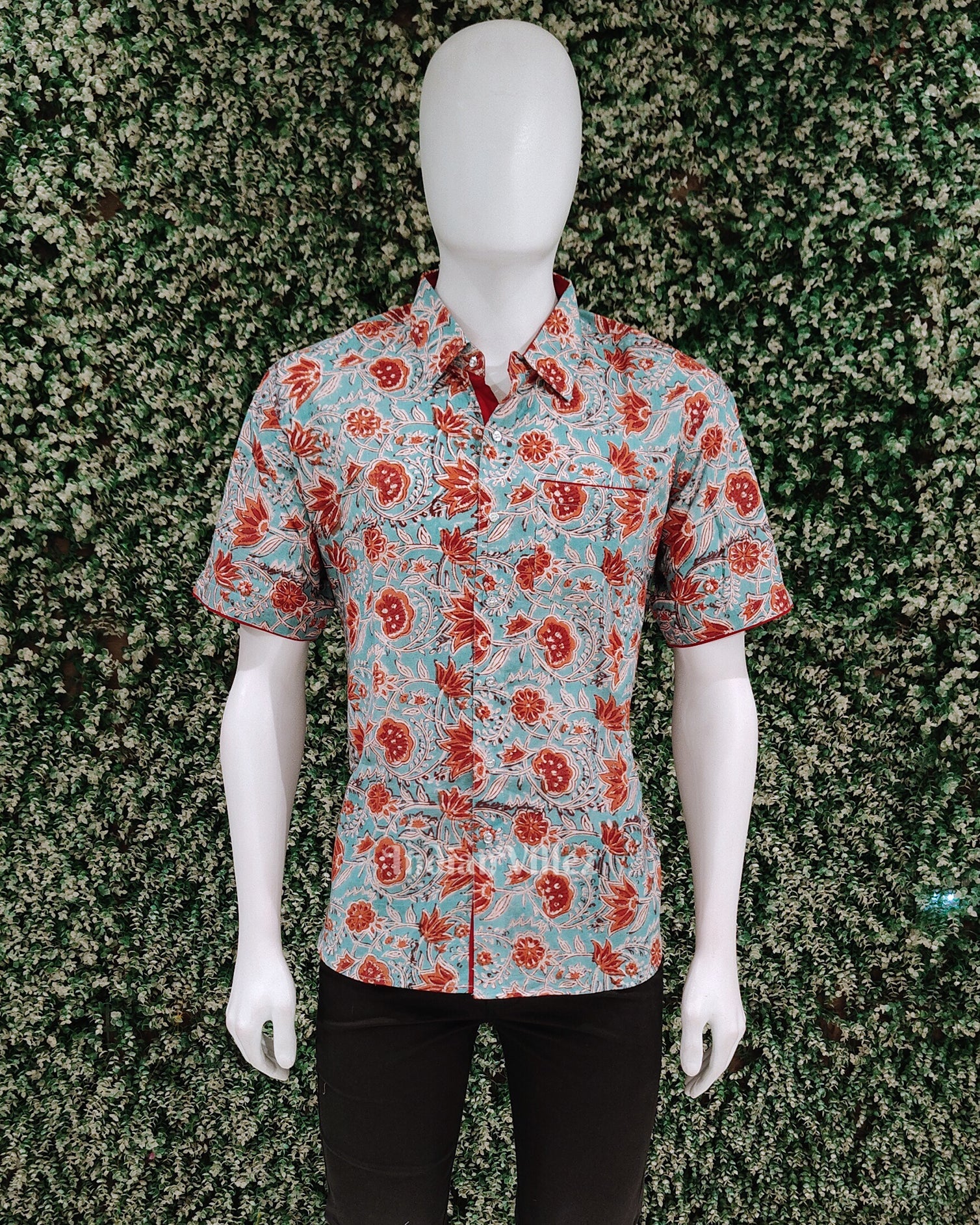 Light Blue Flower Design Block Printed Half Sleeve Shirt for Men