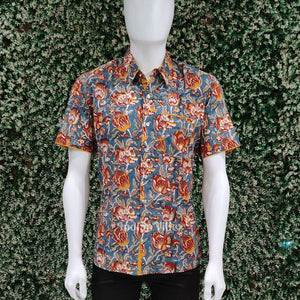 Deep Blue Cotton Block Printed Half Sleeve Shirt for Men