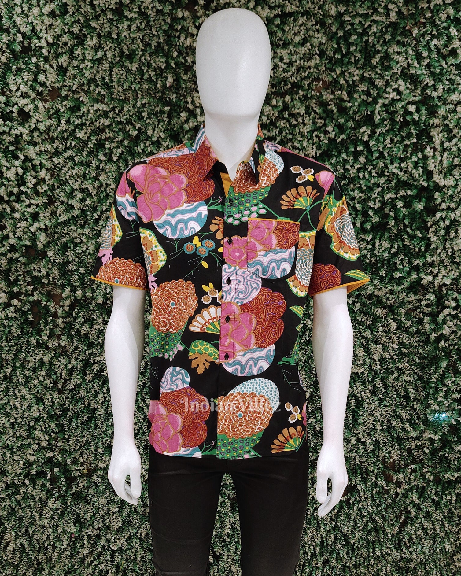 Black with Multicolored Flower Cotton Block Printed Half Sleeve Shirt for Men