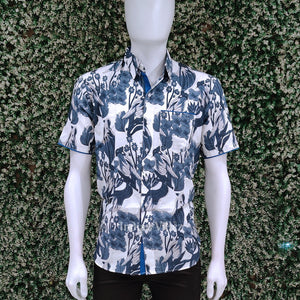 Sky Blue Bird Design Block Printed Half Sleeve Shirt for Men